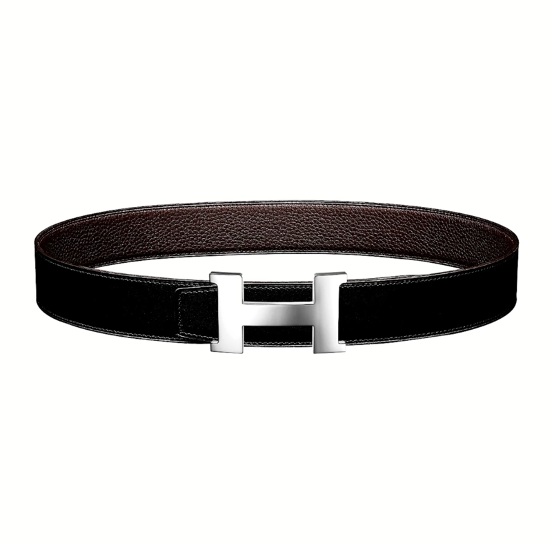 Hermes Black Leather x Silver Tone H Buckle Reversible Belt