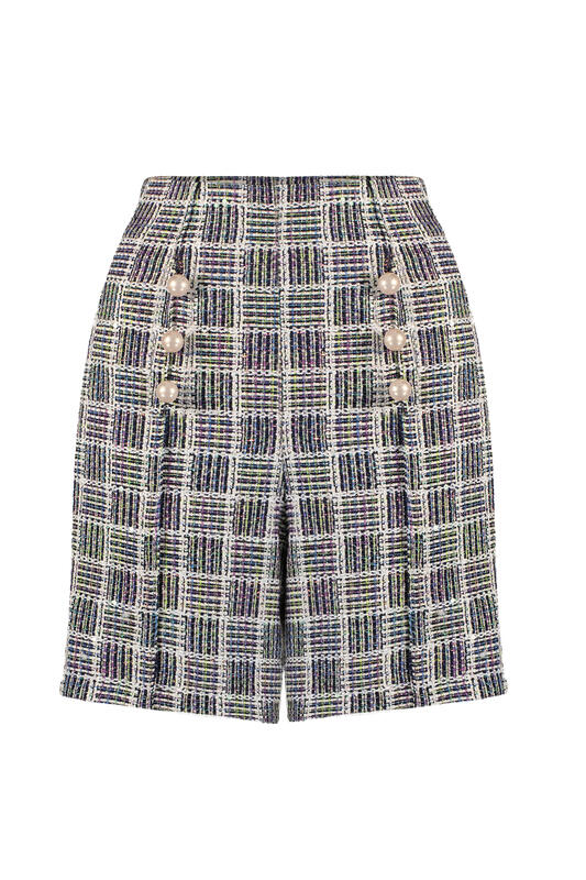 Azzalia Multicolor Tweed Shorts With Pearl Buttons