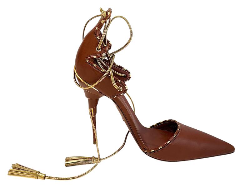 Baldinini Brown Leather Pointed-Toe Heels with Gold Lace-Up Straps