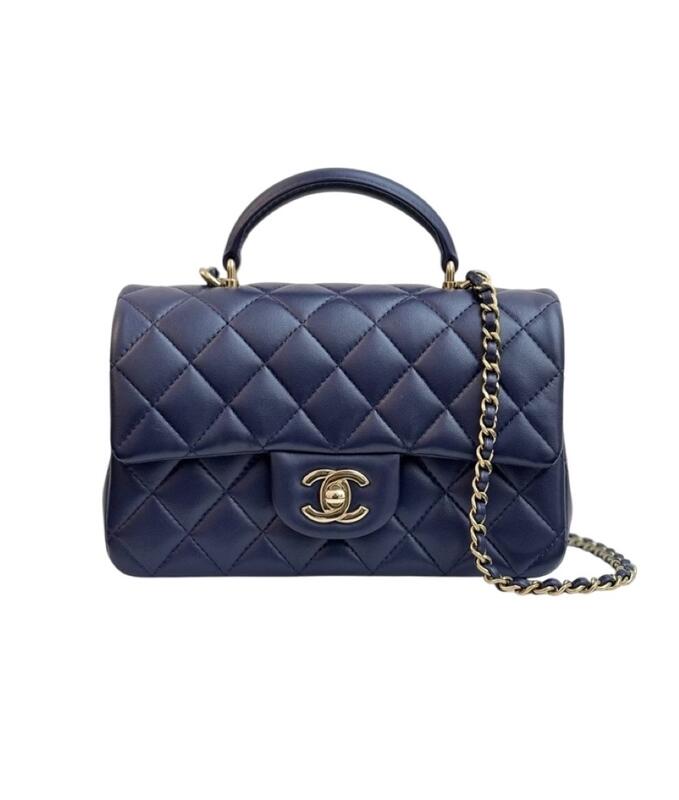 Chanel Mini Flap Bag with Top Handle in Navy Blue Lambskin